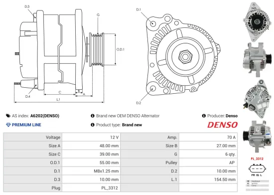 Generator 12 V AS-PL A6202(DENSO) Bild Generator 12 V AS-PL A6202(DENSO)
