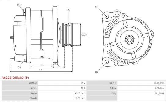Generator 12 V AS-PL A6222(DENSO)(P) Bild Generator 12 V AS-PL A6222(DENSO)(P)