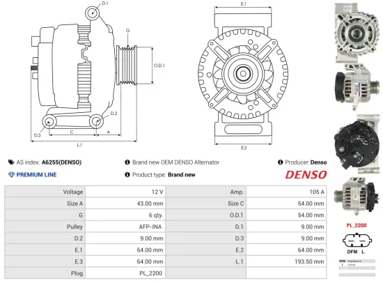 Generator 12 V AS-PL A6255(DENSO) Bild Generator 12 V AS-PL A6255(DENSO)