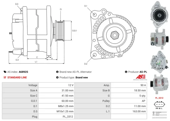 Generator 12 V AS-PL A6892S Bild Generator 12 V AS-PL A6892S