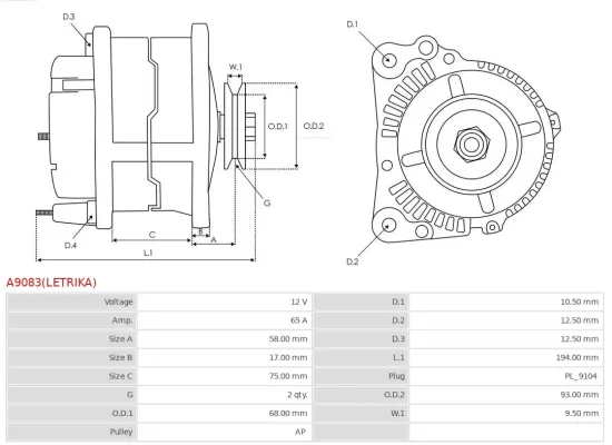 Generator 12 V AS-PL A9083(LETRIKA) Bild Generator 12 V AS-PL A9083(LETRIKA)