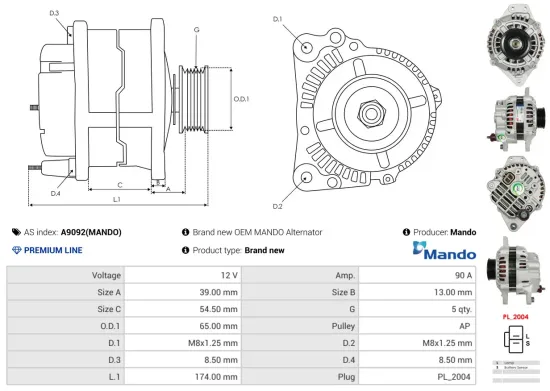 Generator 12 V AS-PL A9092(MANDO) Bild Generator 12 V AS-PL A9092(MANDO)