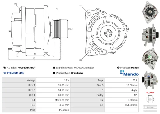 Generator 12 V AS-PL A9093(MANDO) Bild Generator 12 V AS-PL A9093(MANDO)