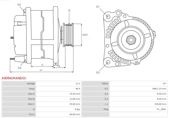 Generator 12 V AS-PL A9094(MANDO) Bild Generator 12 V AS-PL A9094(MANDO)