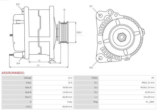 Generator 12 V AS-PL A9105(MANDO) Bild Generator 12 V AS-PL A9105(MANDO)