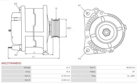 Generator 12 V AS-PL A9127(MANDO) Bild Generator 12 V AS-PL A9127(MANDO)