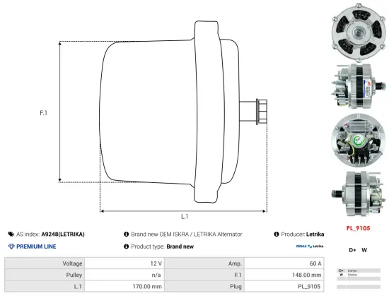 Generator 12 V AS-PL A9248(LETRIKA) Bild Generator 12 V AS-PL A9248(LETRIKA)