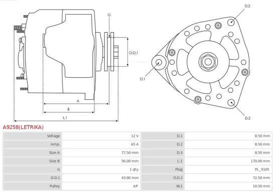 Generator 12 V AS-PL A9258(LETRIKA) Bild Generator 12 V AS-PL A9258(LETRIKA)