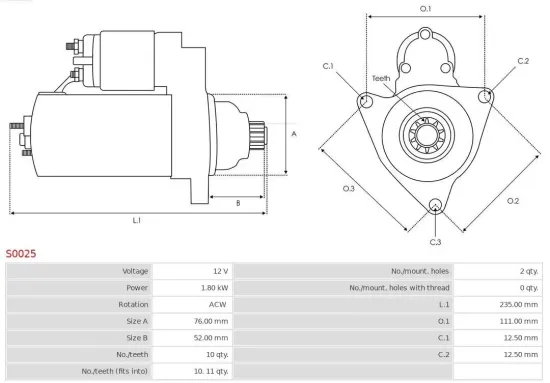 Starter 12 V 1,8 kW AS-PL S0025 Bild Starter 12 V 1,8 kW AS-PL S0025