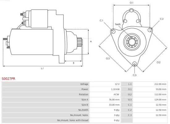 Starter 12 V 1,1 kW AS-PL S0027PR Bild Starter 12 V 1,1 kW AS-PL S0027PR