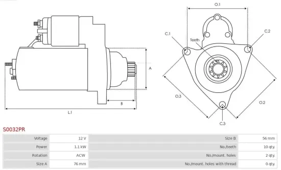 Starter 12 V 1,1 kW AS-PL S0032PR Bild Starter 12 V 1,1 kW AS-PL S0032PR