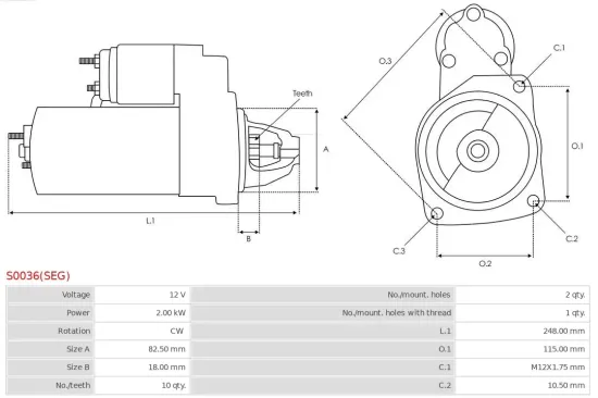 Starter 12 V 2 kW AS-PL S0036(SEG) Bild Starter 12 V 2 kW AS-PL S0036(SEG)