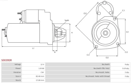 Starter 12 V 1,8 kW AS-PL S0039SR Bild Starter 12 V 1,8 kW AS-PL S0039SR