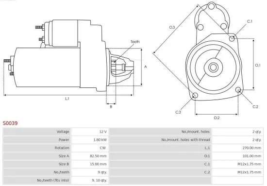 Starter 12 V 1,8 kW AS-PL S0039 Bild Starter 12 V 1,8 kW AS-PL S0039