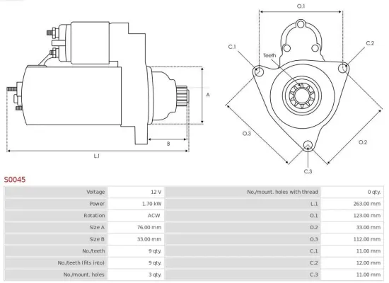 Starter 12 V 1,7 kW AS-PL S0045 Bild Starter 12 V 1,7 kW AS-PL S0045