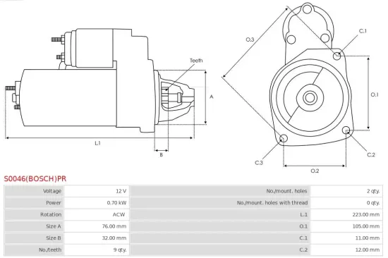 Starter 12 V 0,7 kW AS-PL S0046(BOSCH)PR Bild Starter 12 V 0,7 kW AS-PL S0046(BOSCH)PR