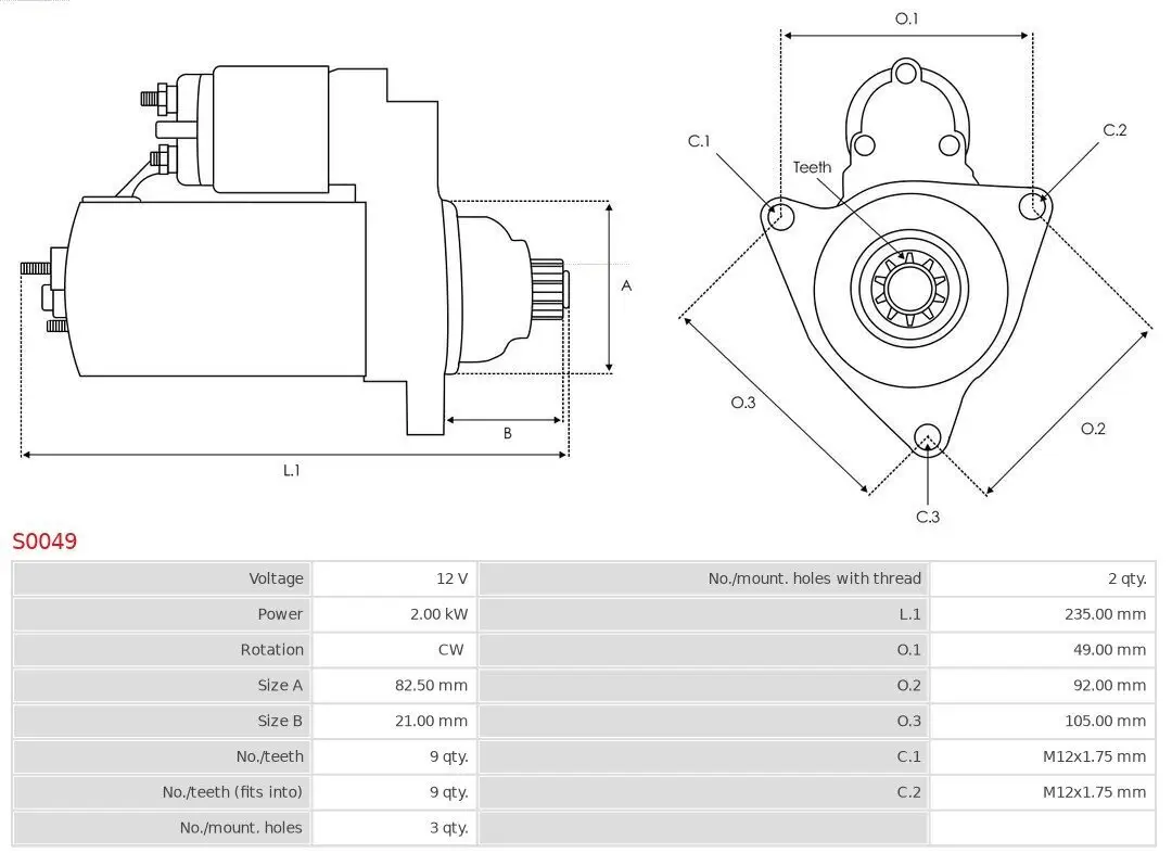 Starter 12 V 2 kW AS-PL S0049 Bild Starter 12 V 2 kW AS-PL S0049