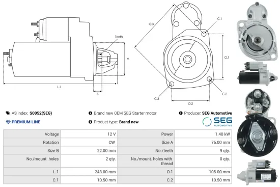Starter 12 V 1,4 kW AS-PL S0052(SEG) Bild Starter 12 V 1,4 kW AS-PL S0052(SEG)