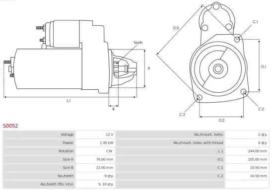 Starter 12 V 1,4 kW AS-PL S0052 Bild Starter 12 V 1,4 kW AS-PL S0052