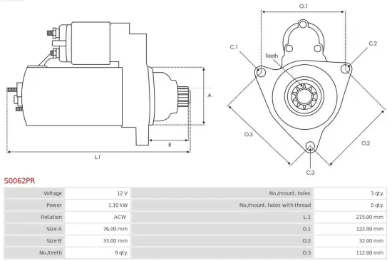 Starter 12 V 1,1 kW AS-PL S0062PR Bild Starter 12 V 1,1 kW AS-PL S0062PR