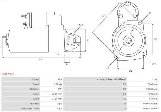 Starter 12 V 1,4 kW AS-PL S0073PR Bild Starter 12 V 1,4 kW AS-PL S0073PR