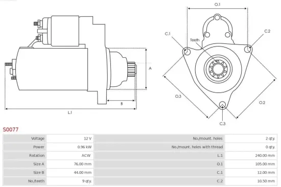 Starter 12 V 0,96 kW AS-PL S0077 Bild Starter 12 V 0,96 kW AS-PL S0077