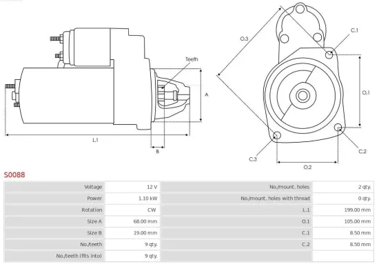 Starter 12 V 1,1 kW AS-PL S0088 Bild Starter 12 V 1,1 kW AS-PL S0088