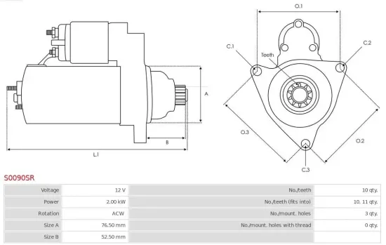 Starter 12 V 2 kW AS-PL S0090SR Bild Starter 12 V 2 kW AS-PL S0090SR