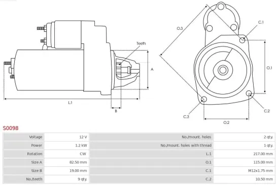 Starter 12 V 1,2 kW AS-PL S0098 Bild Starter 12 V 1,2 kW AS-PL S0098