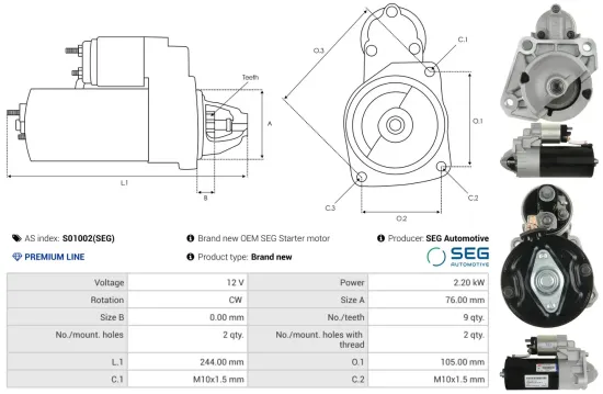 Starter 12 V 2,2 kW AS-PL S01002(SEG) Bild Starter 12 V 2,2 kW AS-PL S01002(SEG)
