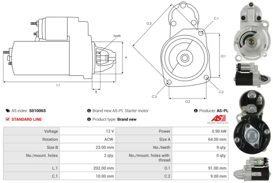 Starter 12 V 0,9 kW AS-PL S01006S Bild Starter 12 V 0,9 kW AS-PL S01006S