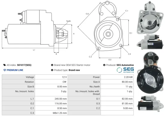 Starter 12 V 2,2 kW AS-PL S01017(SEG) Bild Starter 12 V 2,2 kW AS-PL S01017(SEG)