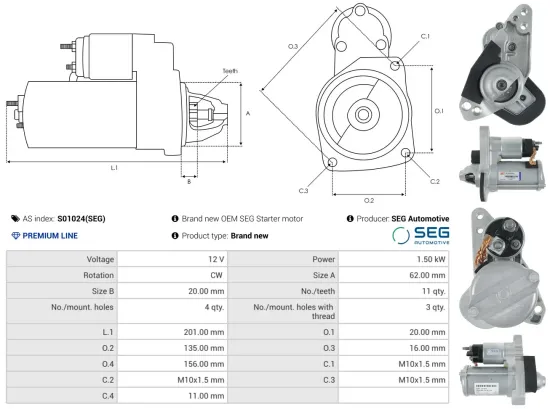 Starter 12 V 1,5 kW AS-PL S01024(SEG) Bild Starter 12 V 1,5 kW AS-PL S01024(SEG)