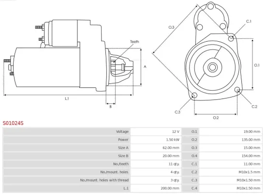 Starter 12 V 1,5 kW AS-PL S01024S Bild Starter 12 V 1,5 kW AS-PL S01024S