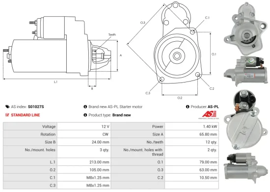 Starter 12 V 1,4 kW AS-PL S01027S Bild Starter 12 V 1,4 kW AS-PL S01027S
