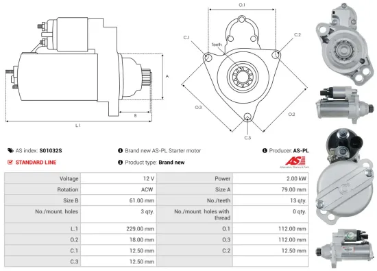 Starter 12 V 2 kW AS-PL S01032S Bild Starter 12 V 2 kW AS-PL S01032S