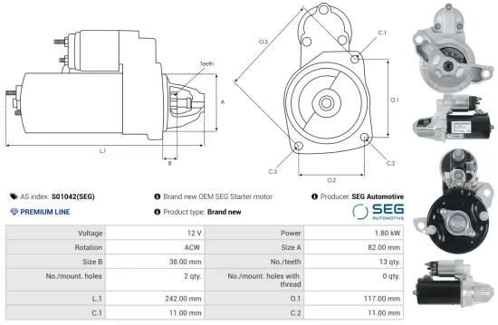 Starter 12 V 1,8 kW AS-PL S01042(SEG) Bild Starter 12 V 1,8 kW AS-PL S01042(SEG)