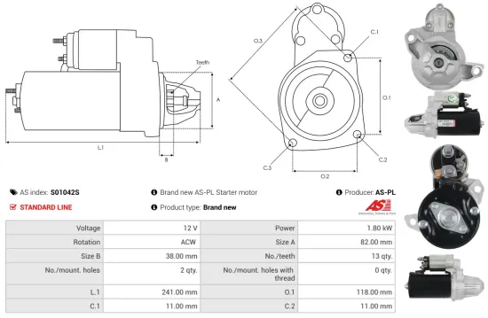 Starter 12 V 1,8 kW AS-PL S01042S Bild Starter 12 V 1,8 kW AS-PL S01042S