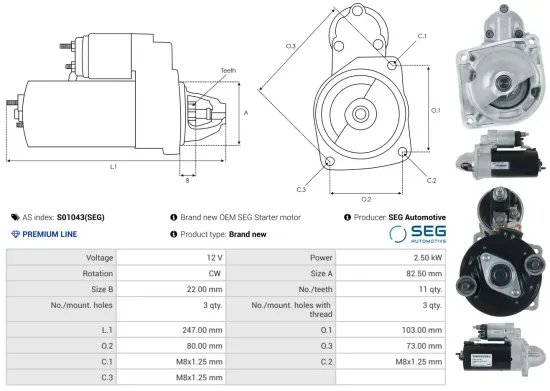 Starter 12 V 2,5 kW AS-PL S01043(SEG) Bild Starter 12 V 2,5 kW AS-PL S01043(SEG)