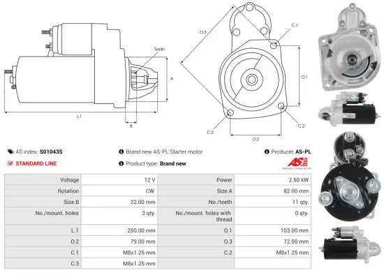 Starter 12 V 2,5 kW AS-PL S01043S Bild Starter 12 V 2,5 kW AS-PL S01043S