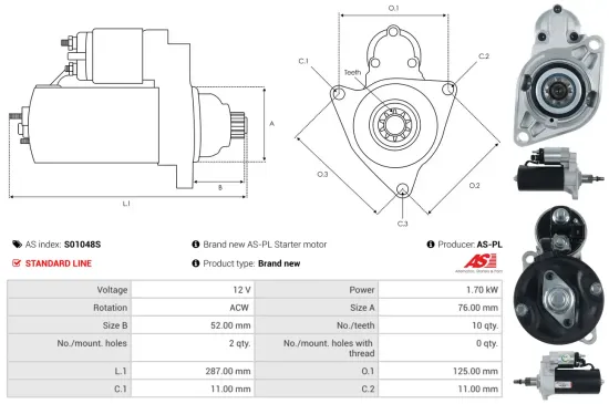 Starter 12 V 1,7 kW AS-PL S01048S Bild Starter 12 V 1,7 kW AS-PL S01048S