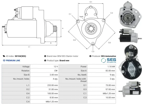 Starter 12 V 1,1 kW AS-PL S0104(SEG) Bild Starter 12 V 1,1 kW AS-PL S0104(SEG)