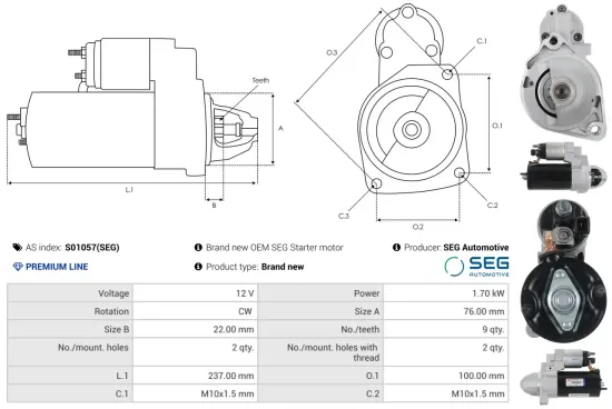 Starter 12 V 1,7 kW AS-PL S01057(SEG) Bild Starter 12 V 1,7 kW AS-PL S01057(SEG)