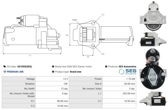 Starter 12 V 1,7 kW AS-PL S01059(SEG) Bild Starter 12 V 1,7 kW AS-PL S01059(SEG)