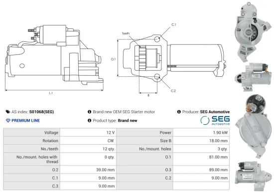 Starter 12 V 1,9 kW AS-PL S01068(SEG) Bild Starter 12 V 1,9 kW AS-PL S01068(SEG)