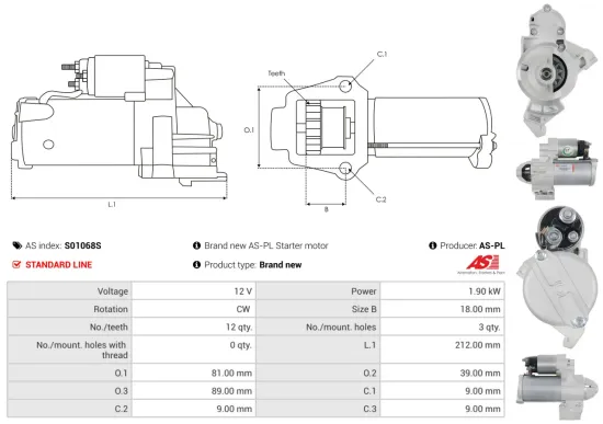 Starter 12 V 1,9 kW AS-PL S01068S Bild Starter 12 V 1,9 kW AS-PL S01068S