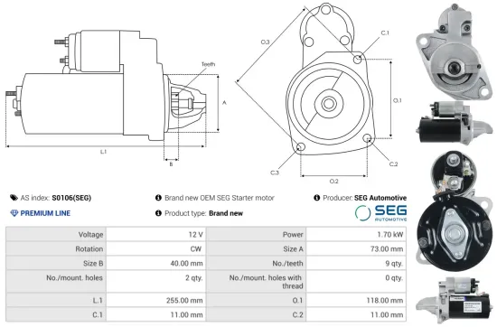 Starter 12 V 1,7 kW AS-PL S0106(SEG) Bild Starter 12 V 1,7 kW AS-PL S0106(SEG)