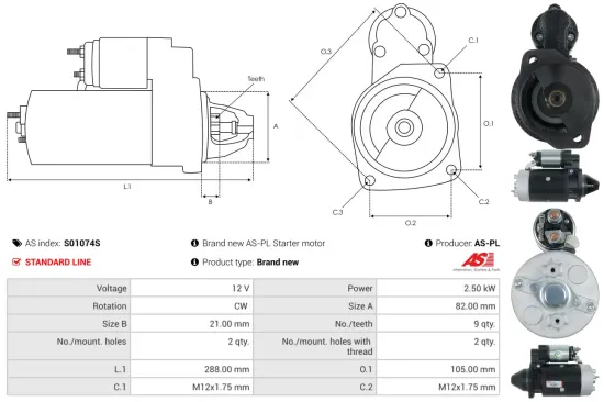 Starter 12 V 2,5 kW AS-PL S01074S Bild Starter 12 V 2,5 kW AS-PL S01074S