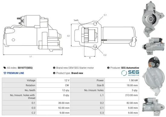 Starter 12 V 1,9 kW AS-PL S01077(SEG) Bild Starter 12 V 1,9 kW AS-PL S01077(SEG)