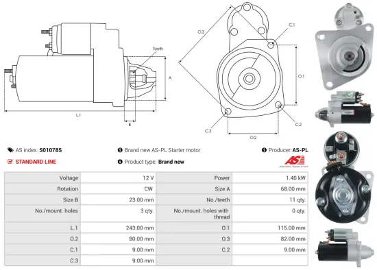 Starter 12 V 1,4 kW AS-PL S01078S Bild Starter 12 V 1,4 kW AS-PL S01078S